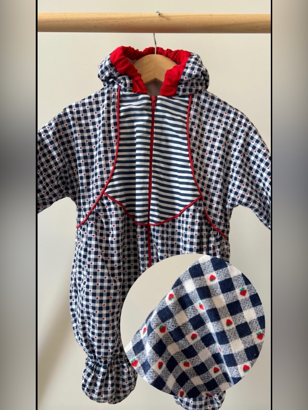 Vintage Cottagecore Navy & White Gingham Coverall with Red Strawberries 9M